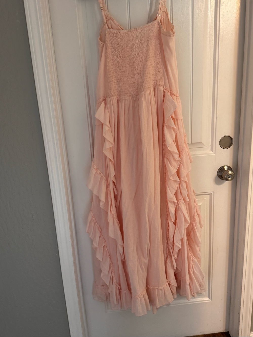 Boho Peach Ruffle Maxi Dress Lace Trim Smocked Back Festival Cottagecore - Picture 10 of 10